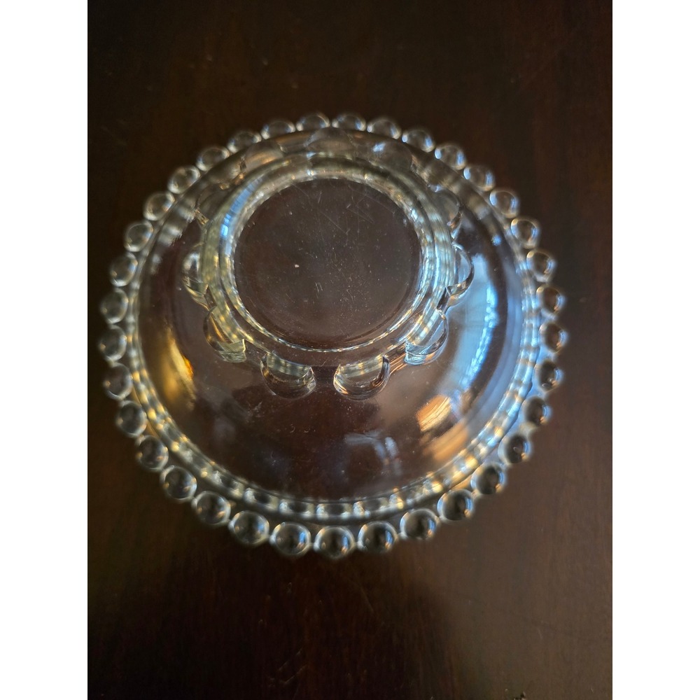 Vintage Clear Beaded Edge Glass Bowl Candlewick Style Scalloped Pedestal 7 Inch - Picture 2 of 5